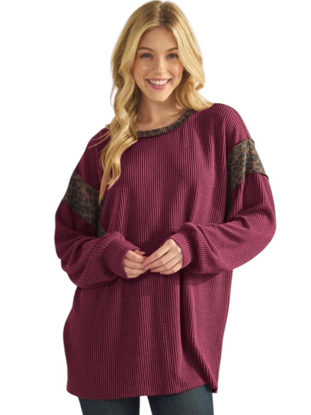 Heimish Burgundy Animal Print Ribbed Long Sleeve Top